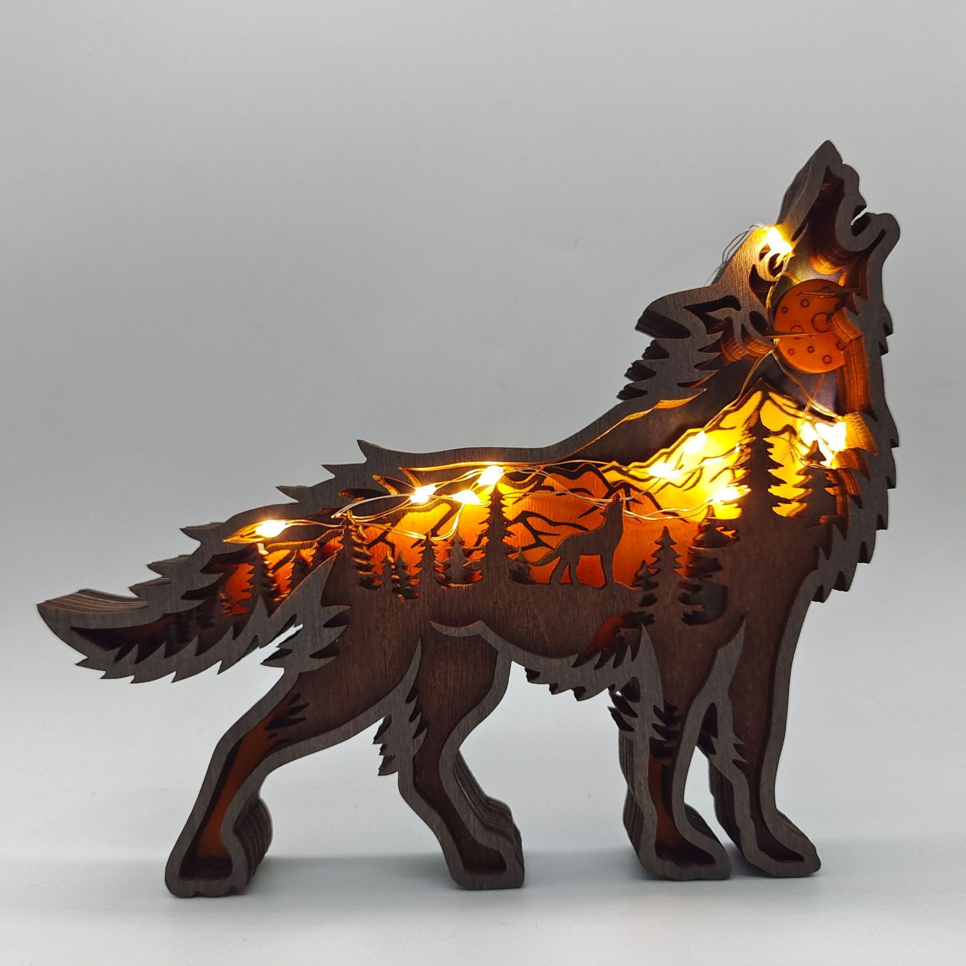 Wooden Wolf Decor with Light view 2