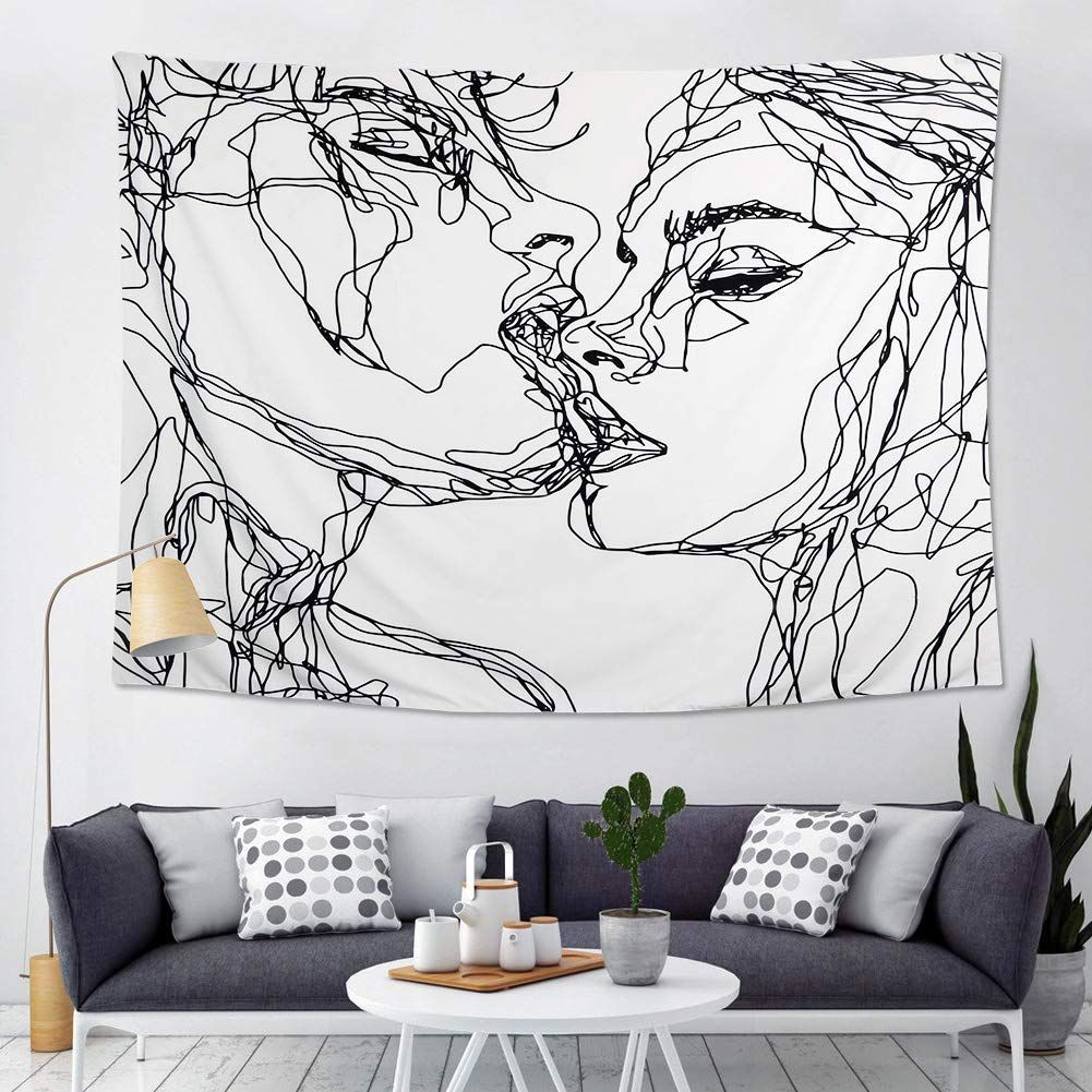Women/Men Abstract Sketch Art Kiss Lovers Tapestry/Kissing Tapestry Wall view 3