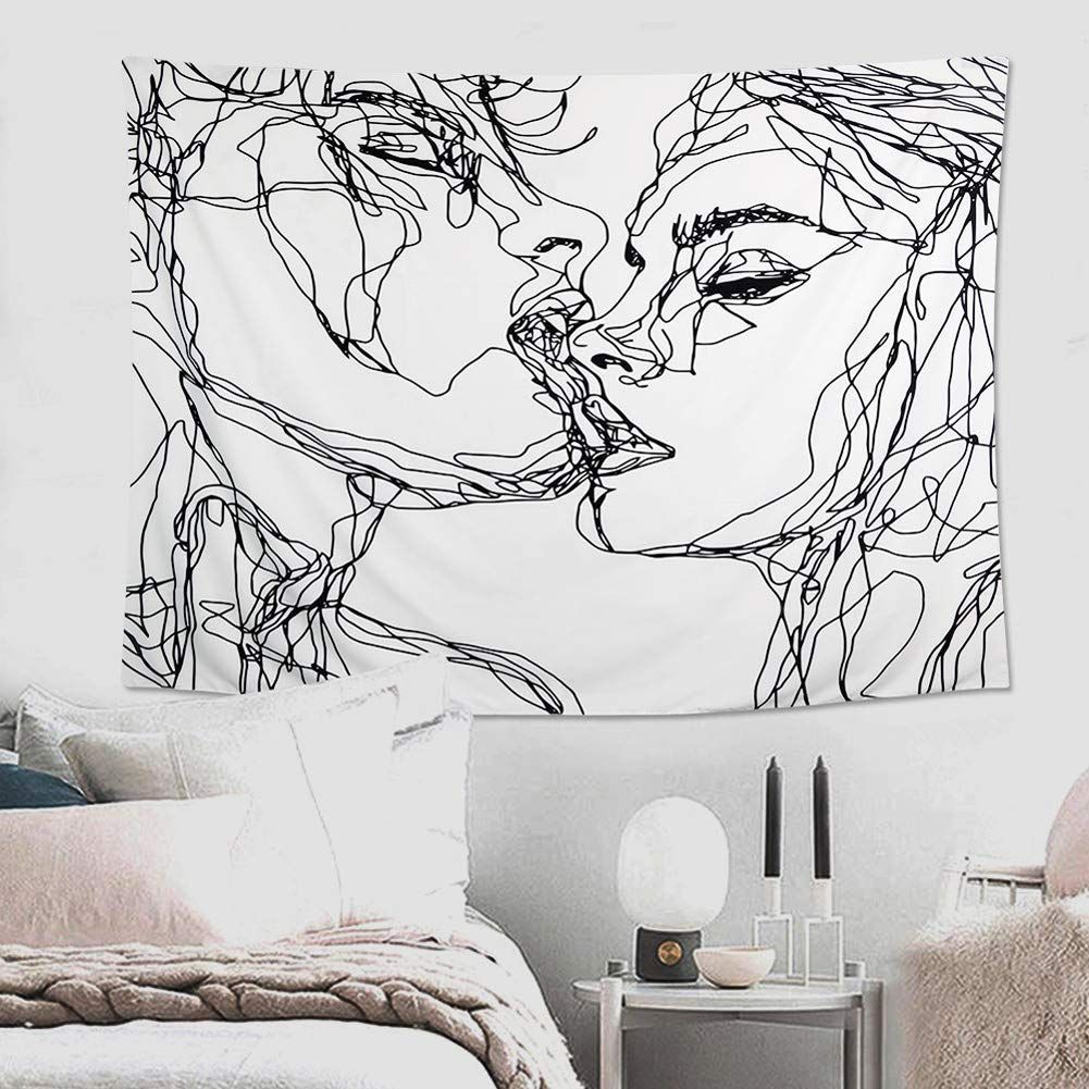 Women/Men Abstract Sketch Art Kiss Lovers Tapestry/Kissing Tapestry Wall view 4