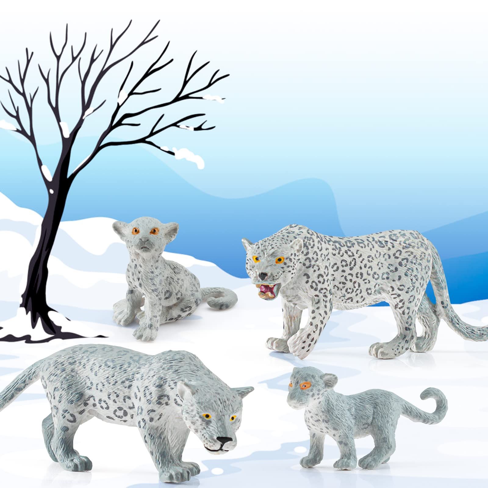 Wild Life Jungle Animal Model Figures Set 4 PCS Snow Leopard Family Forest view 5