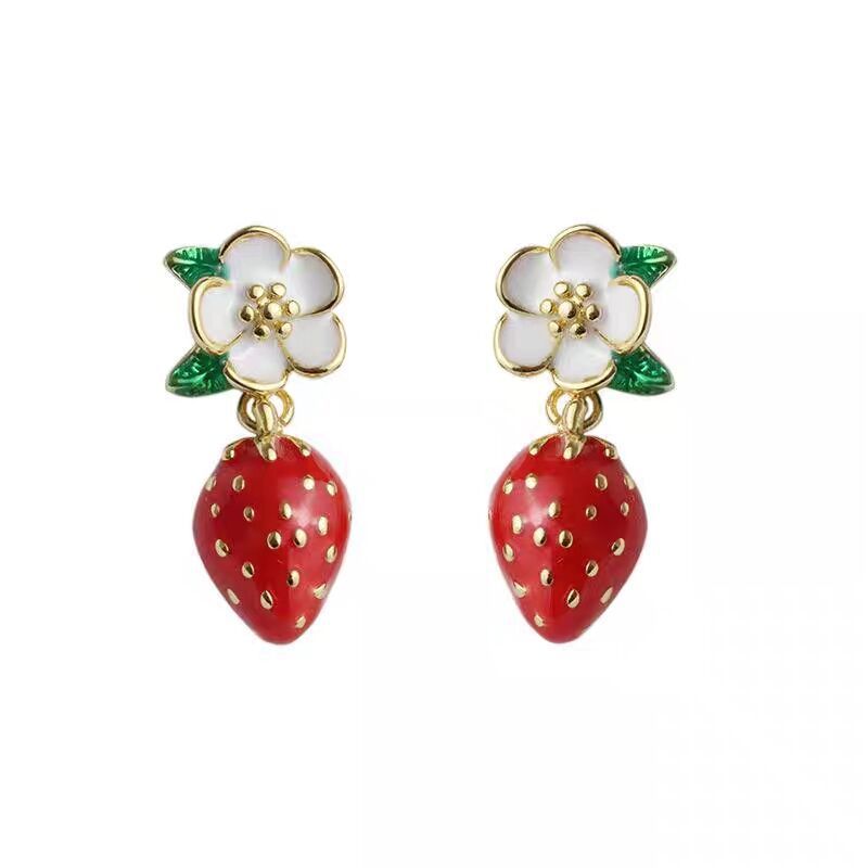Strawberry Hoop Earrings for Women Cute Earrings Tiny Red Strawberry Fruits