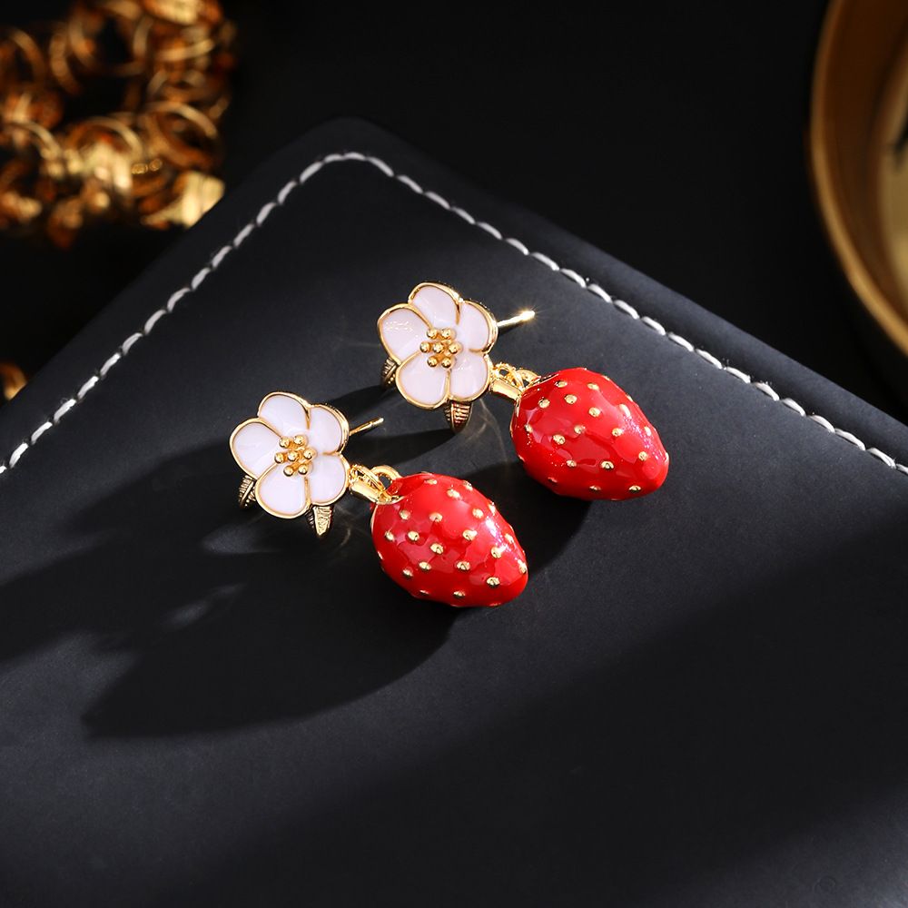 Strawberry Hoop Earrings for Women Cute Earrings Tiny Red Strawberry Fruits view 2