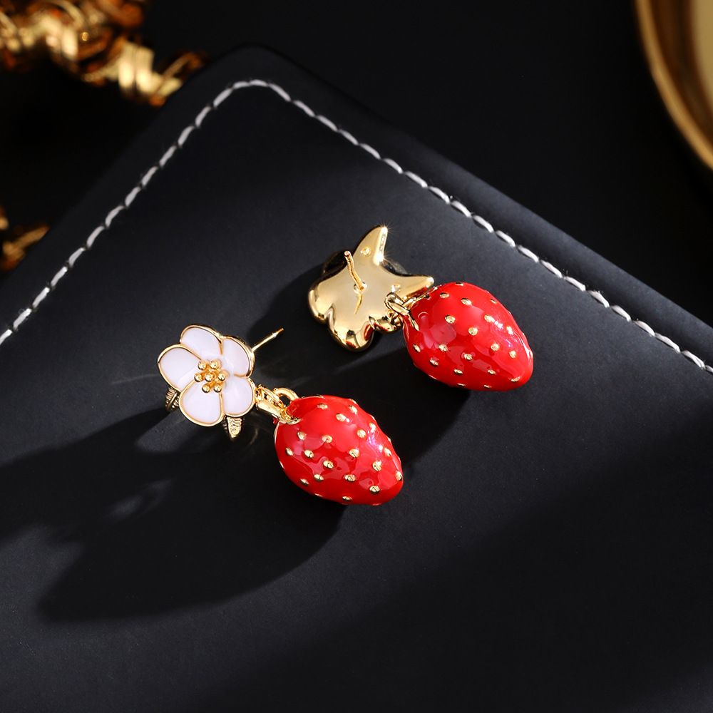 Strawberry Hoop Earrings for Women Cute Earrings Tiny Red Strawberry Fruits view 5