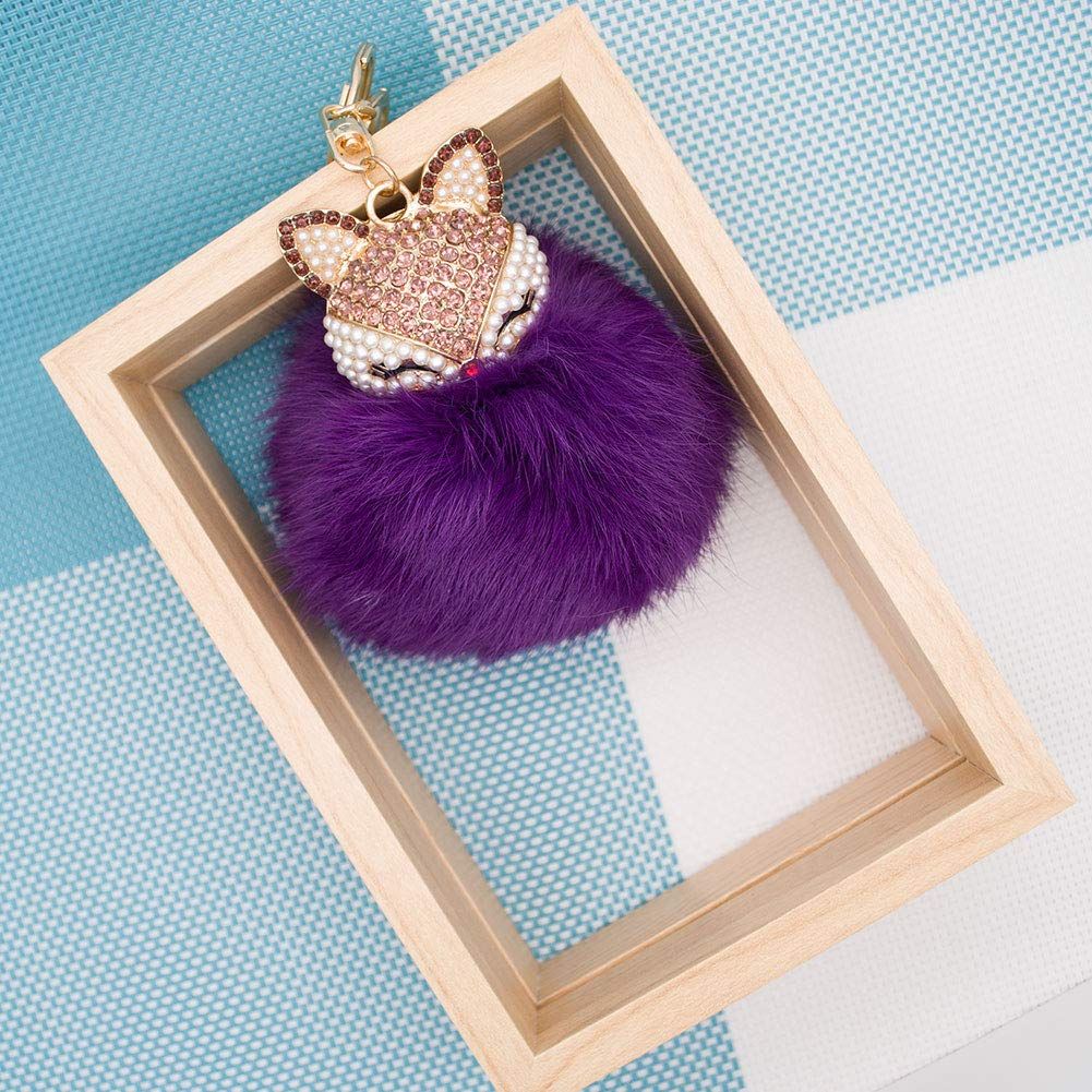 Rabbit Fur Ball Pom Pom Keychain with Fox Head Inlay Pearl Rhinestone for view 2