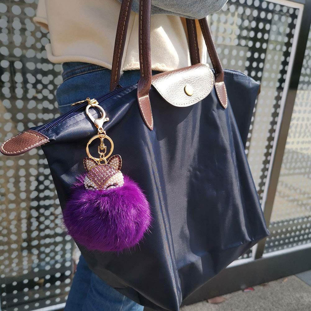 Rabbit Fur Ball Pom Pom Keychain with Fox Head Inlay Pearl Rhinestone for view 3