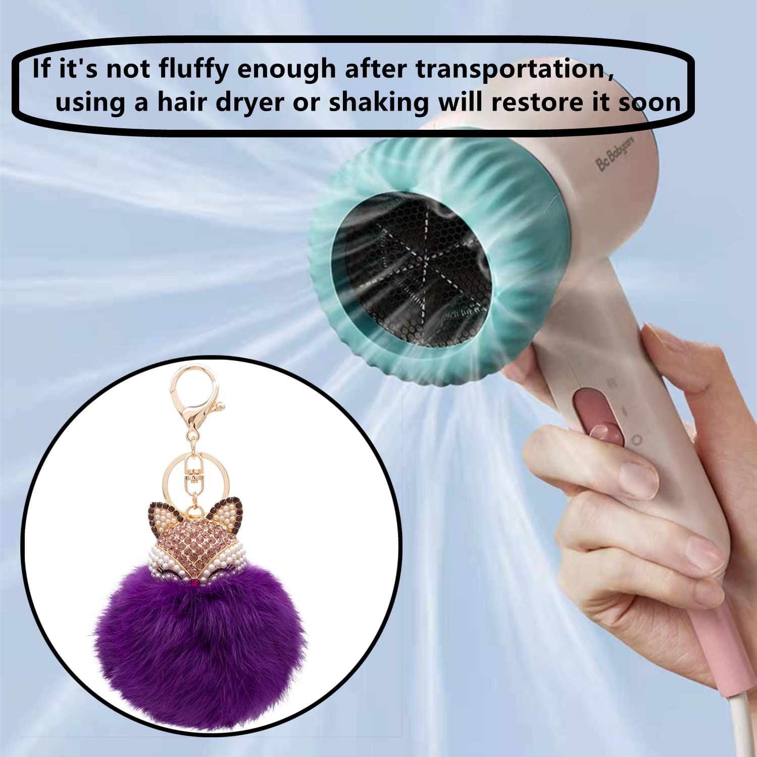 Rabbit Fur Ball Pom Pom Keychain with Fox Head Inlay Pearl Rhinestone for view 4