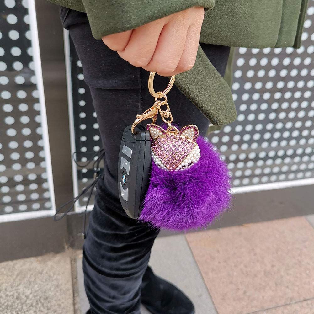 Rabbit Fur Ball Pom Pom Keychain with Fox Head Inlay Pearl Rhinestone for view 5