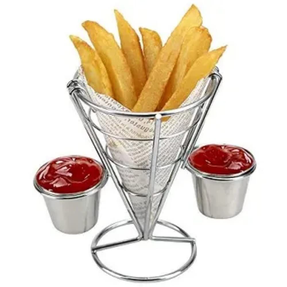 potato chip cone-shaped metal wire basket with dipping sauce snack appetizer rack