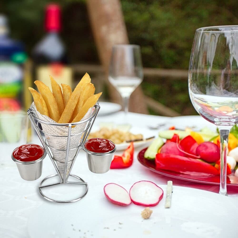 potato chip cone-shaped metal wire basket with dipping sauce snack appetizer rack view 2