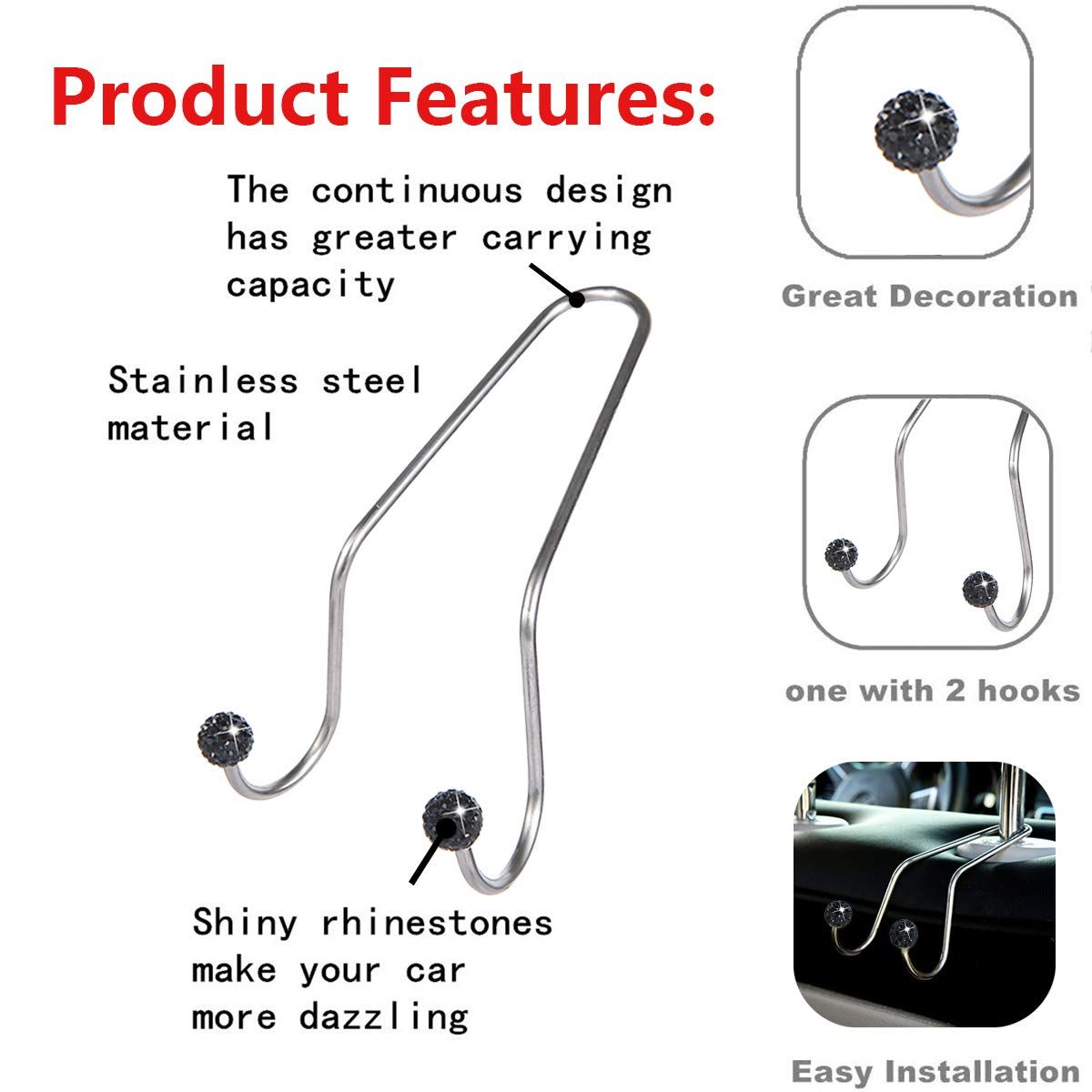 2 PCS Car Seat Hooks, Rhinestone Universal Organizer Hooks Car Headrest view 3