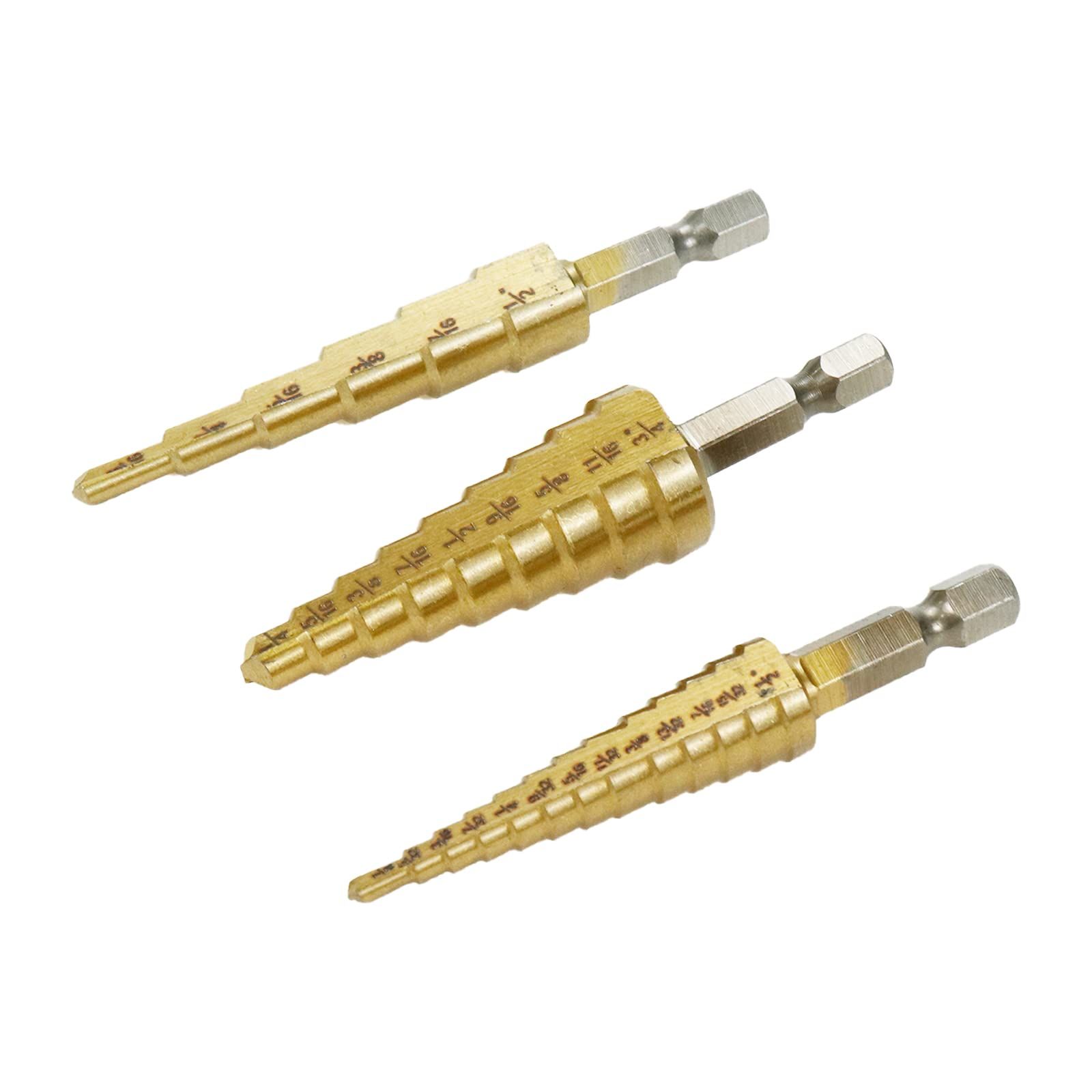3pcs 3-12/4-12/4-20 mm Step Drill Bits High Speed Steel Cone Titanium Coated — image 1