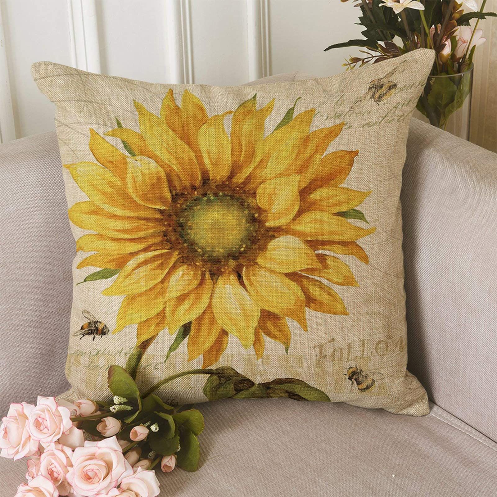 Sunflower and Bee Throw Pillow Case Oil Painting Yellow Sunflower Cotton Linen view 2