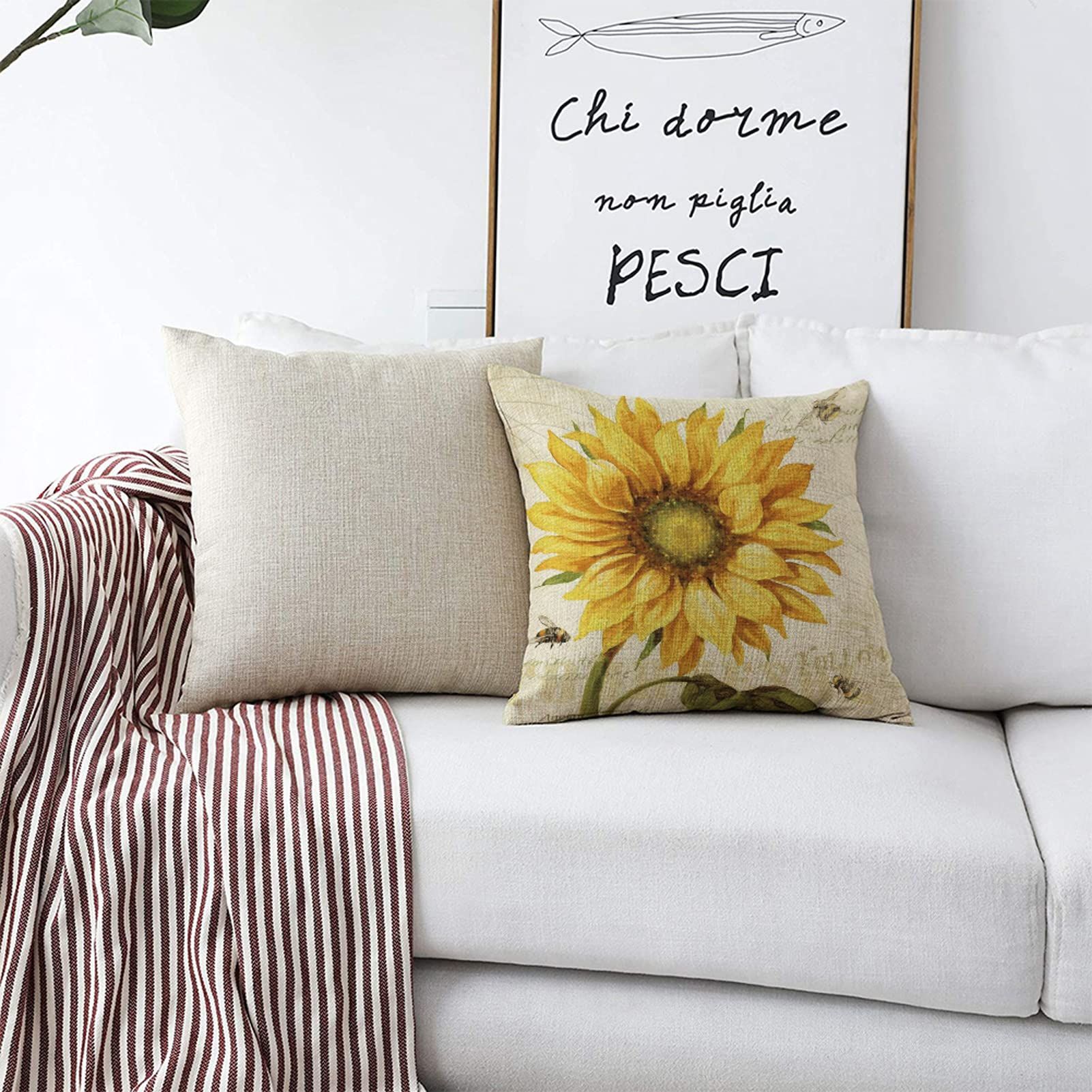 Sunflower and Bee Throw Pillow Case Oil Painting Yellow Sunflower Cotton Linen view 3
