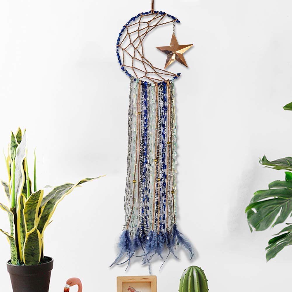 Blue Dream Catcher Handmade Half Circle Moon Design Dream Catcher Feather view 2