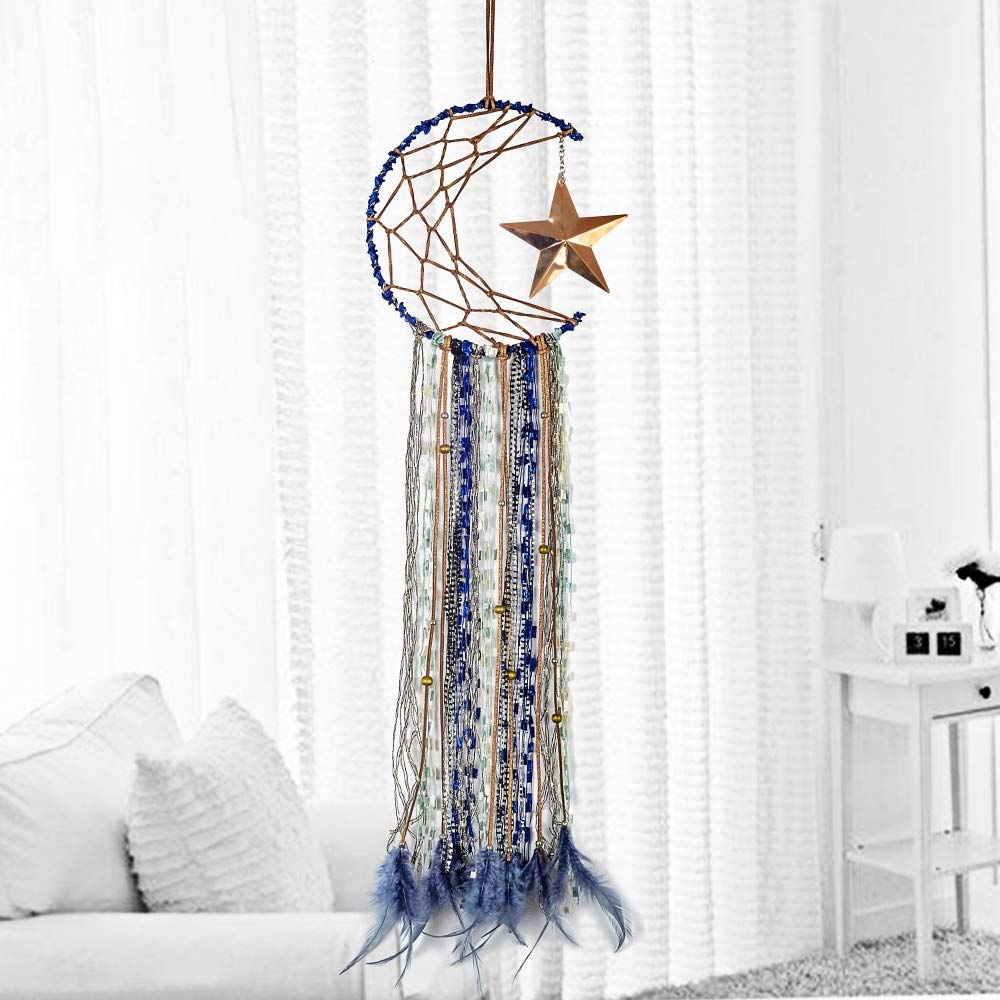 Blue Dream Catcher Handmade Half Circle Moon Design Dream Catcher Feather view 4