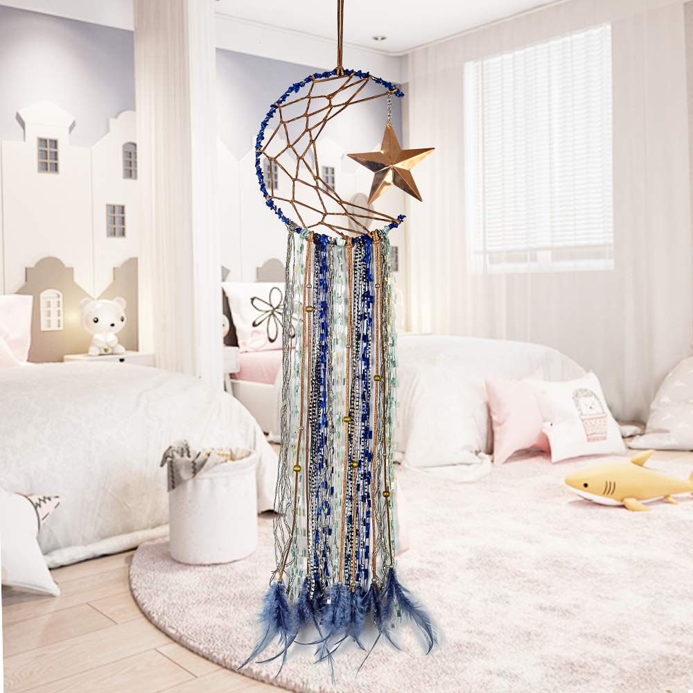 Blue Dream Catcher Handmade Half Circle Moon Design Dream Catcher Feather view 5