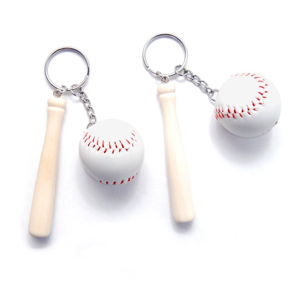 2 pcs Baseball and Wooden Bat Keychains Key Ring