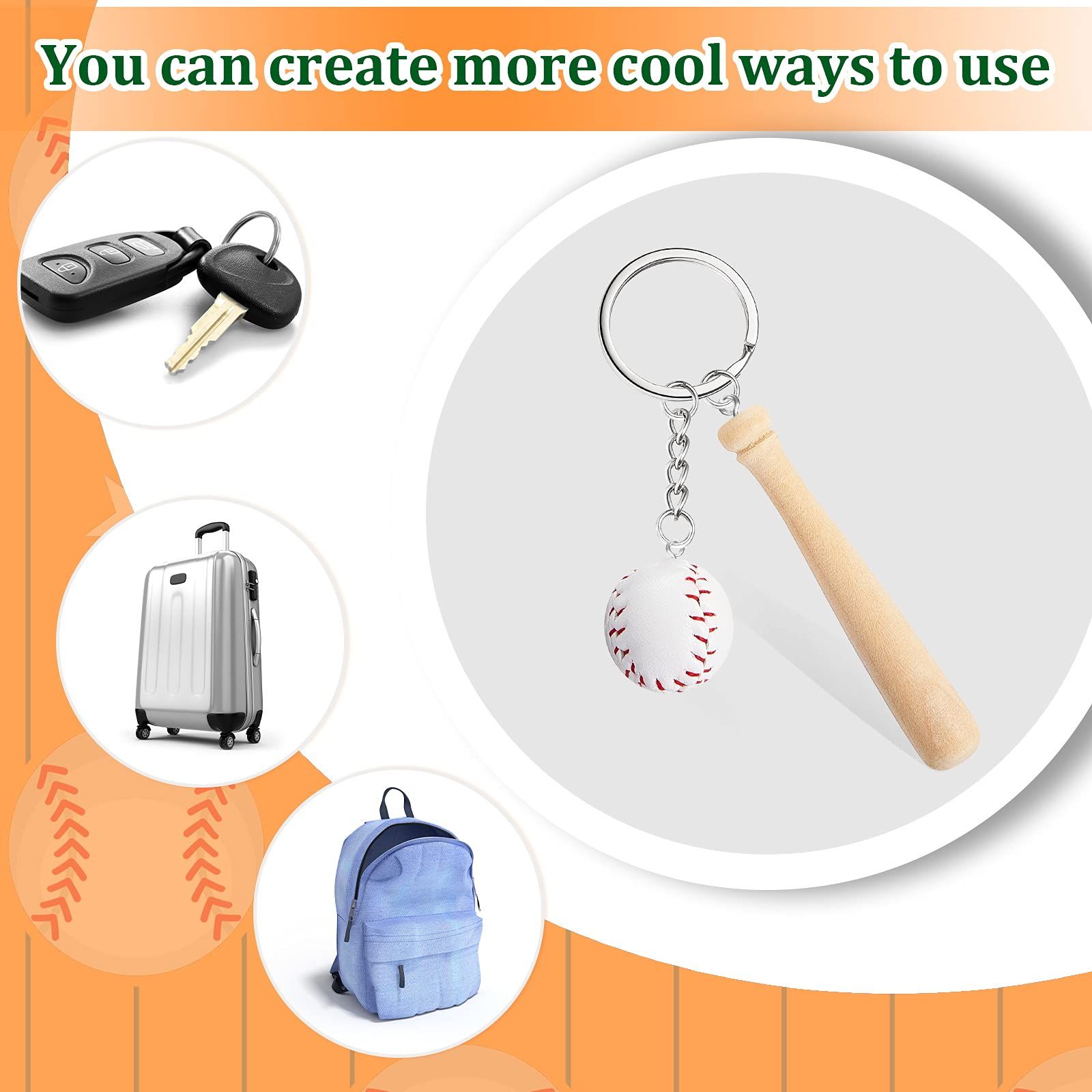 2 pcs Baseball and Wooden Bat Keychains Key Ring view 4
