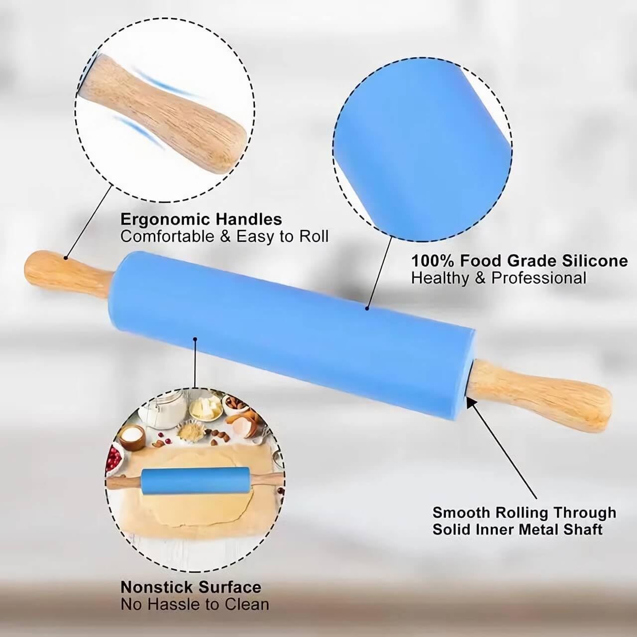 Rolling Pin For Baking,Non Stick Surface Silicone Rolling Pins With Wooden view 3
