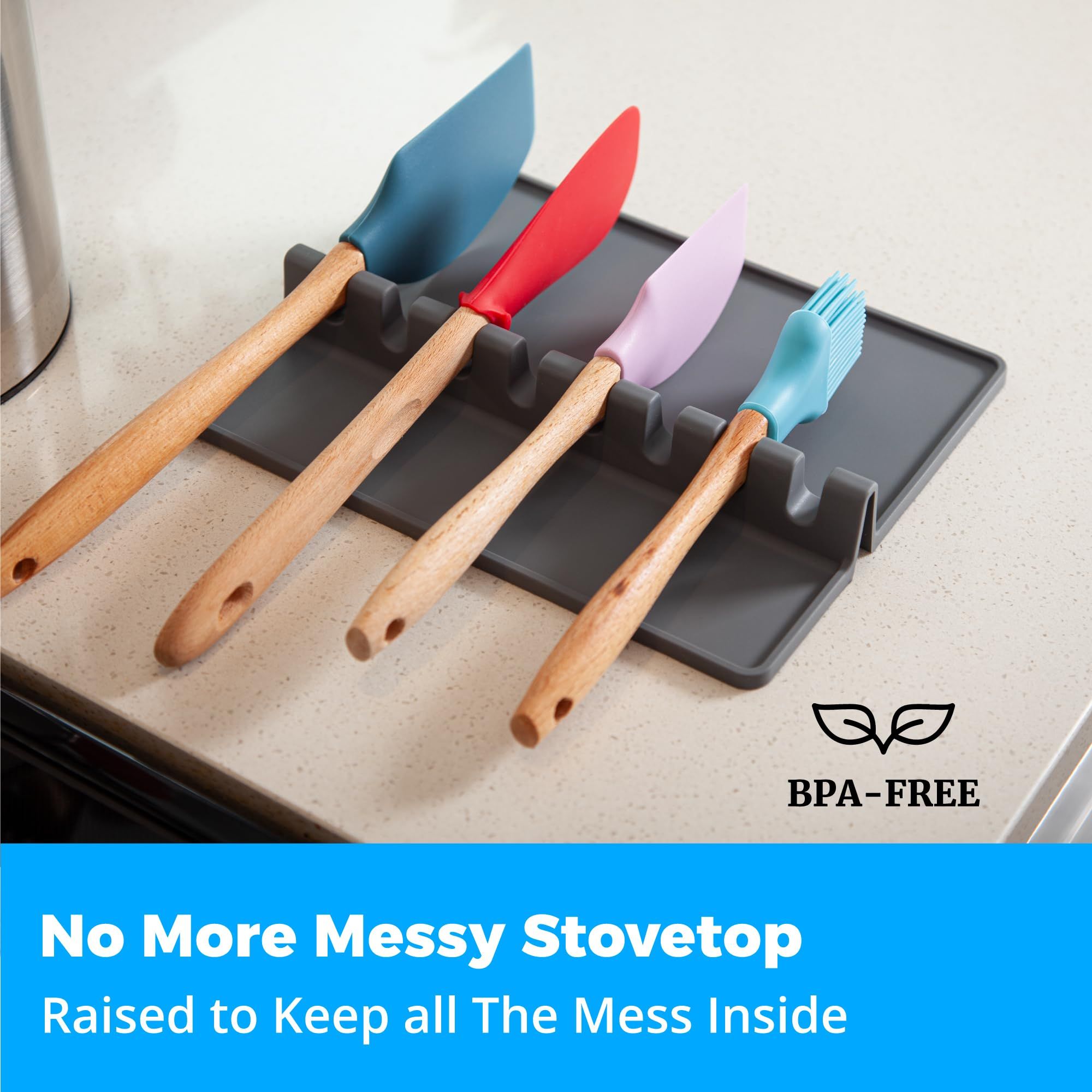 Silicone Spoon Rest for Stove Top with Drip Pad - Extra Large Grey Heat-Resistant view 2