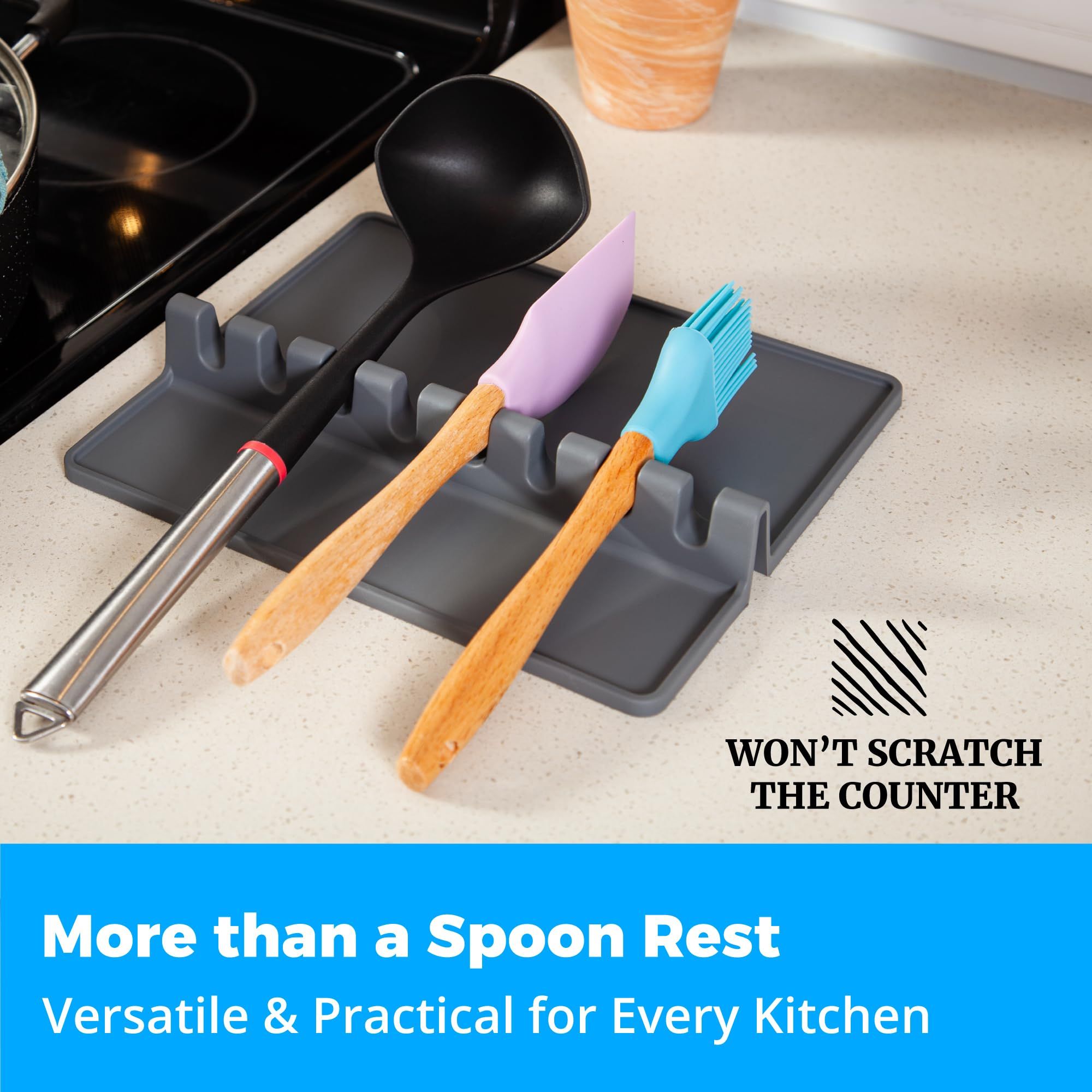 Silicone Spoon Rest for Stove Top with Drip Pad - Extra Large Grey Heat-Resistant view 3
