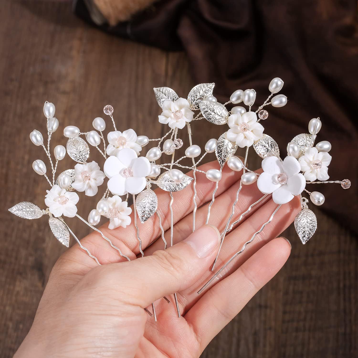 Flower Bride Wedding Hair Pins Silver Bridal Hair Pieces Pearl Hair view 5