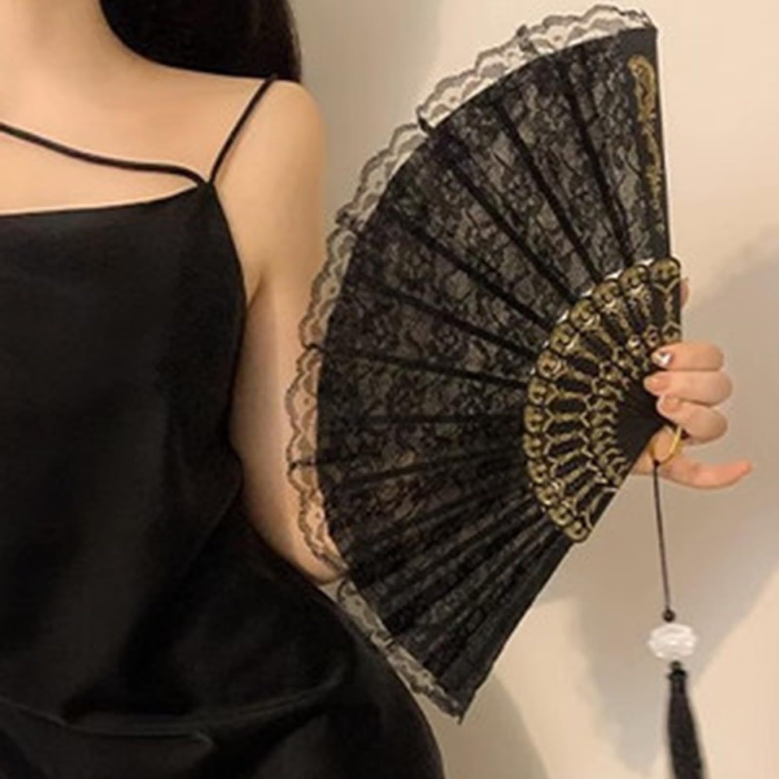Vintage Lace Folding Fan with Tassel Handheld Chinese Vintage Style Hand Held view 3