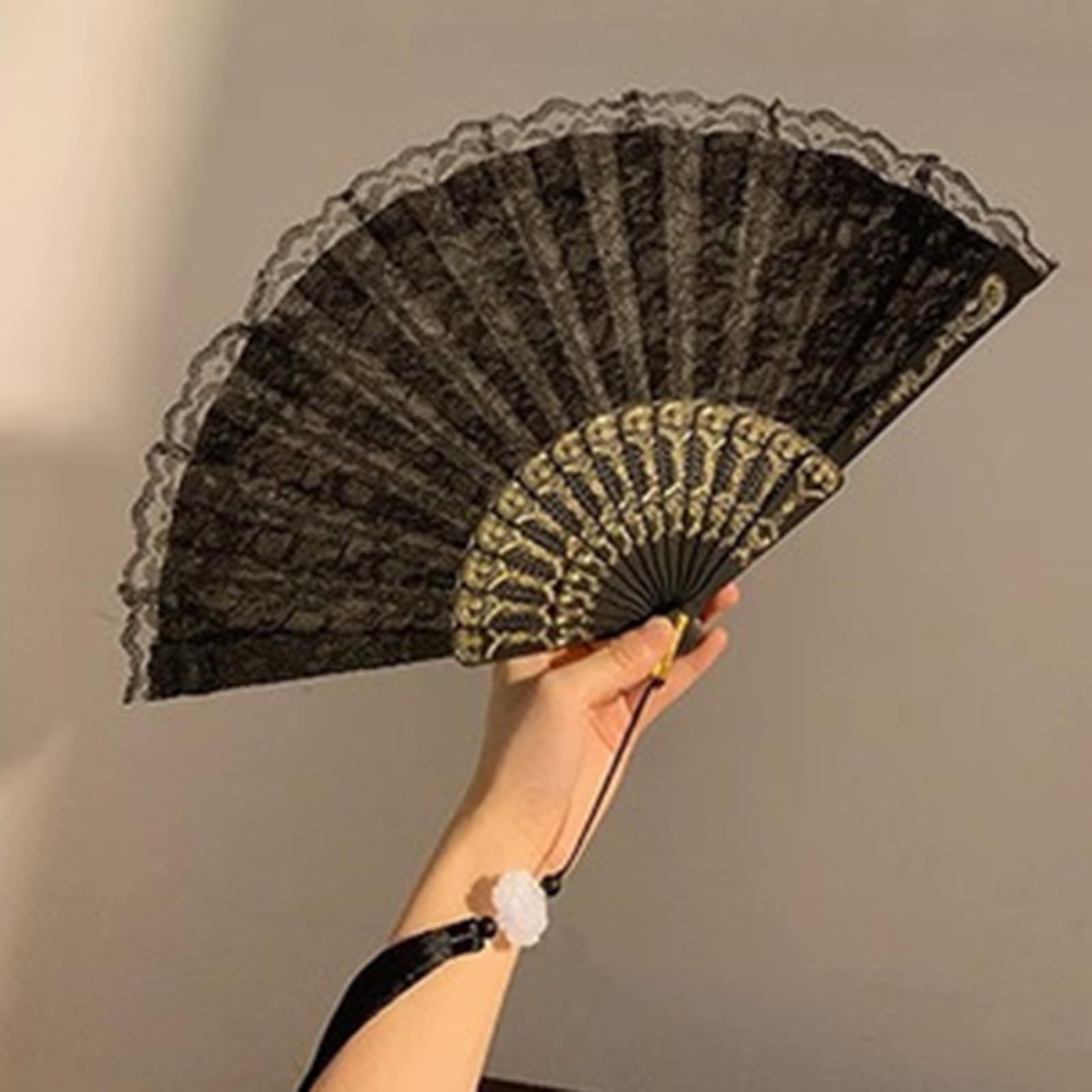 Vintage Lace Folding Fan with Tassel Handheld Chinese Vintage Style Hand Held view 4