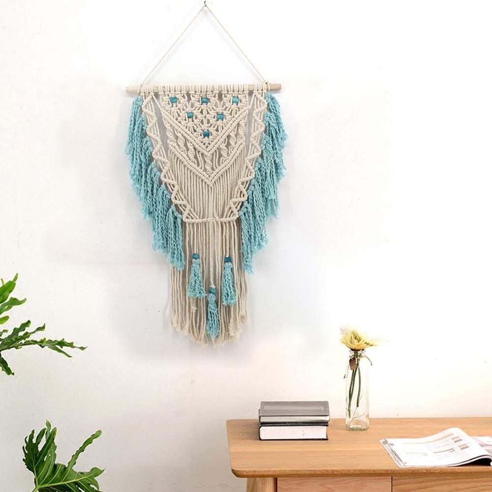Wall Hanging Woven Wall Art Aqua Blue Color Tassel Macrame Tapestry Boho view 2