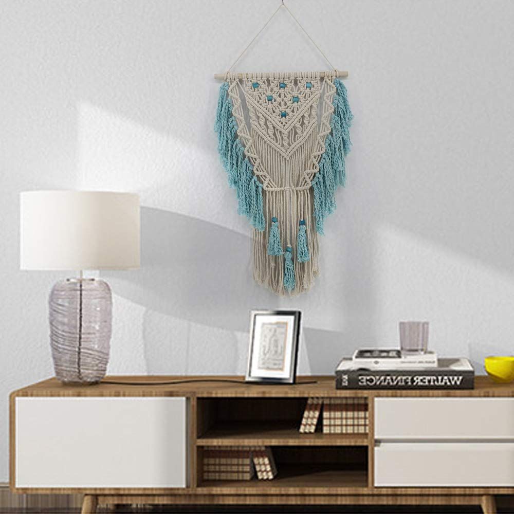 Wall Hanging Woven Wall Art Aqua Blue Color Tassel Macrame Tapestry Boho view 5