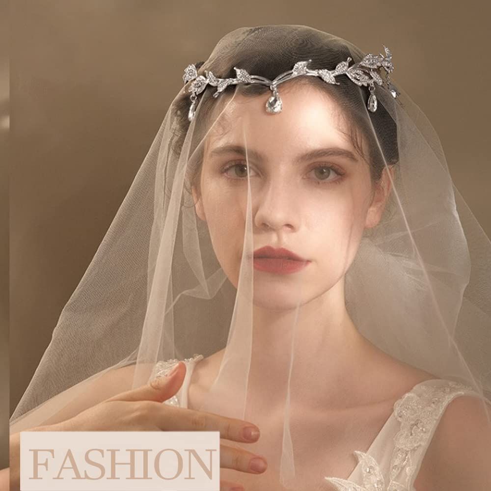 Elegant Rhinestone Leaf Wedding Bridal Bridesmaid Forehead Band Dangle view 2