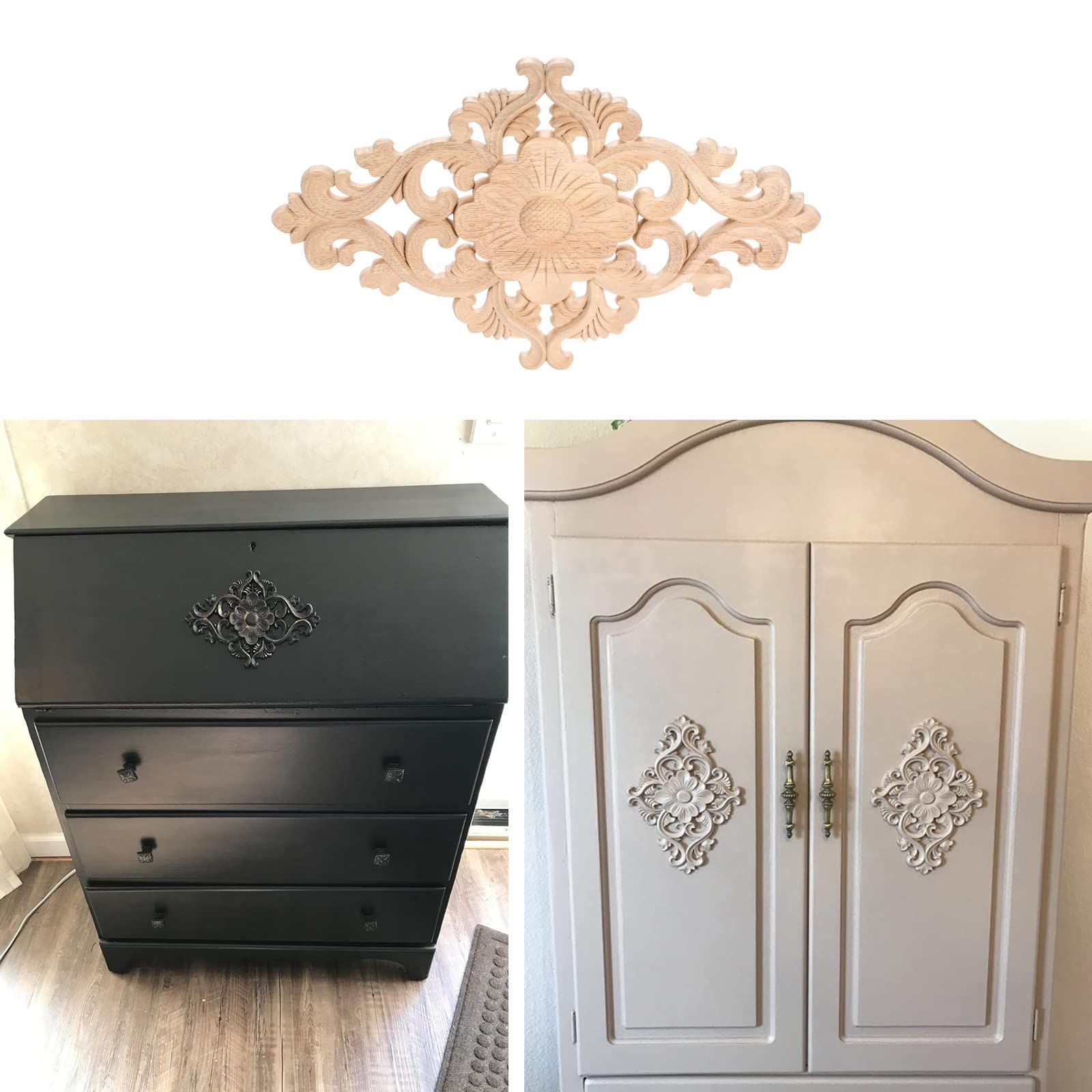 Wood Carved Appliques, 2Pcs Wooden Decorative Onlays, Unpainted Furniture view 5