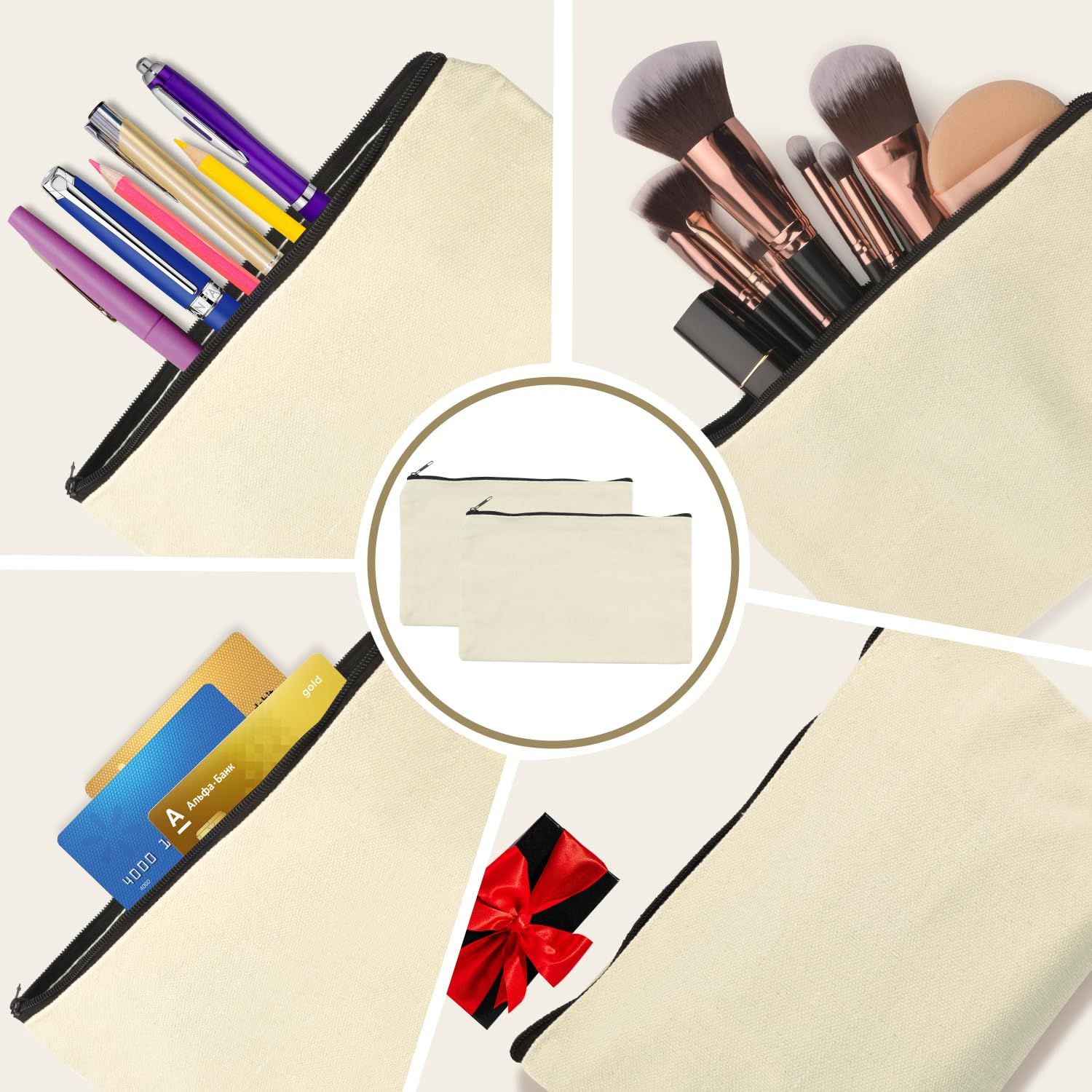 2pcs Canvas Bags,Pencil Case,Makeup Bag,Blank Zipper Pencil Pouch for School view 4