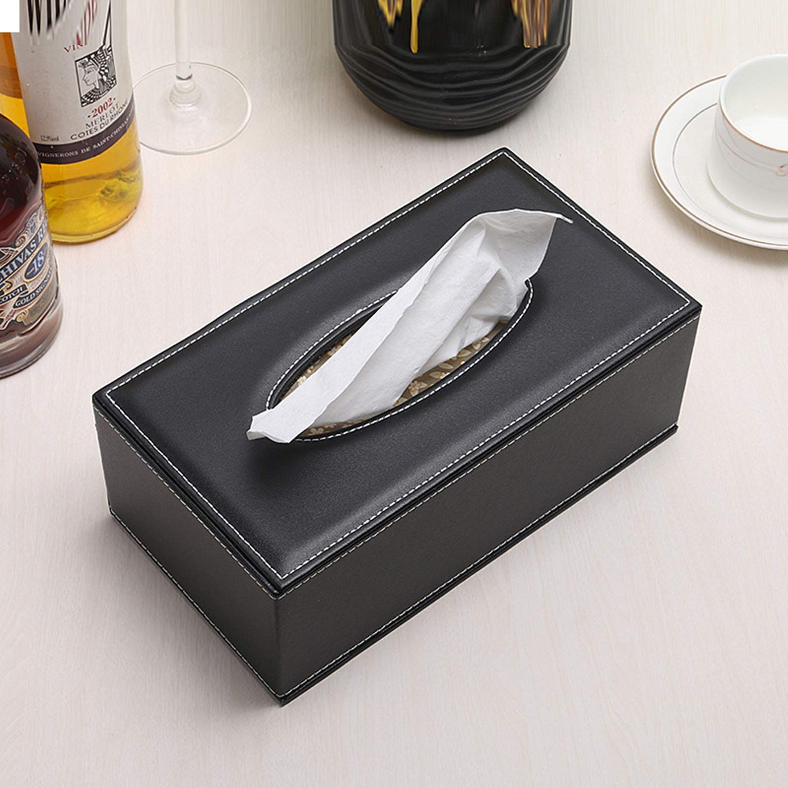High-end Fashion PU Leather Tissue Box Holder Black with lid view 4