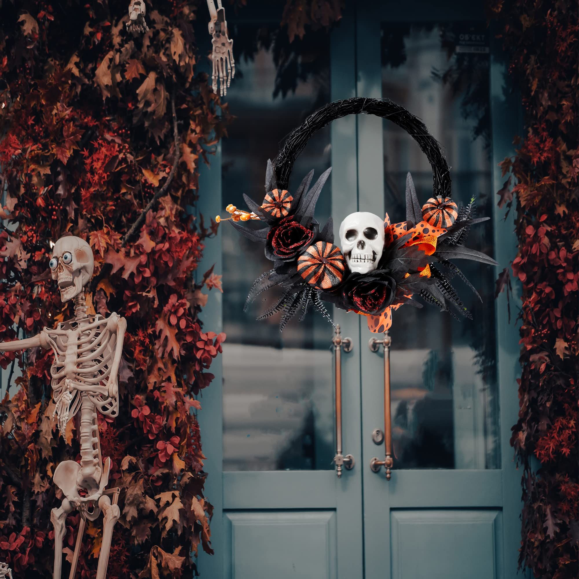 Halloween Wreath Artificial Skull Wreath Handmade Black Grapevine Wreath with view 2