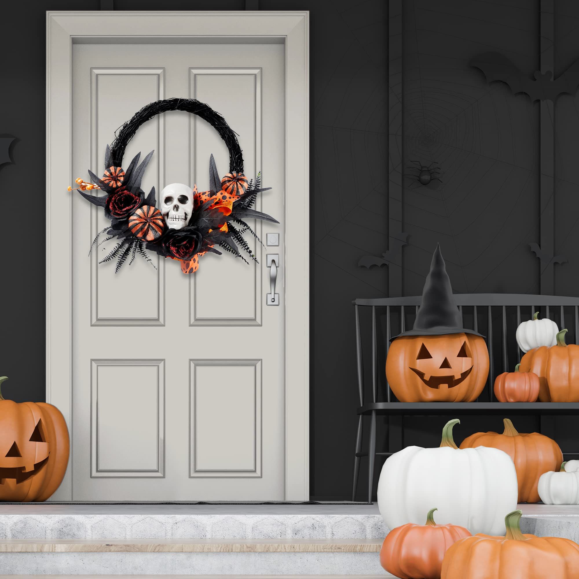 Halloween Wreath Artificial Skull Wreath Handmade Black Grapevine Wreath with view 4