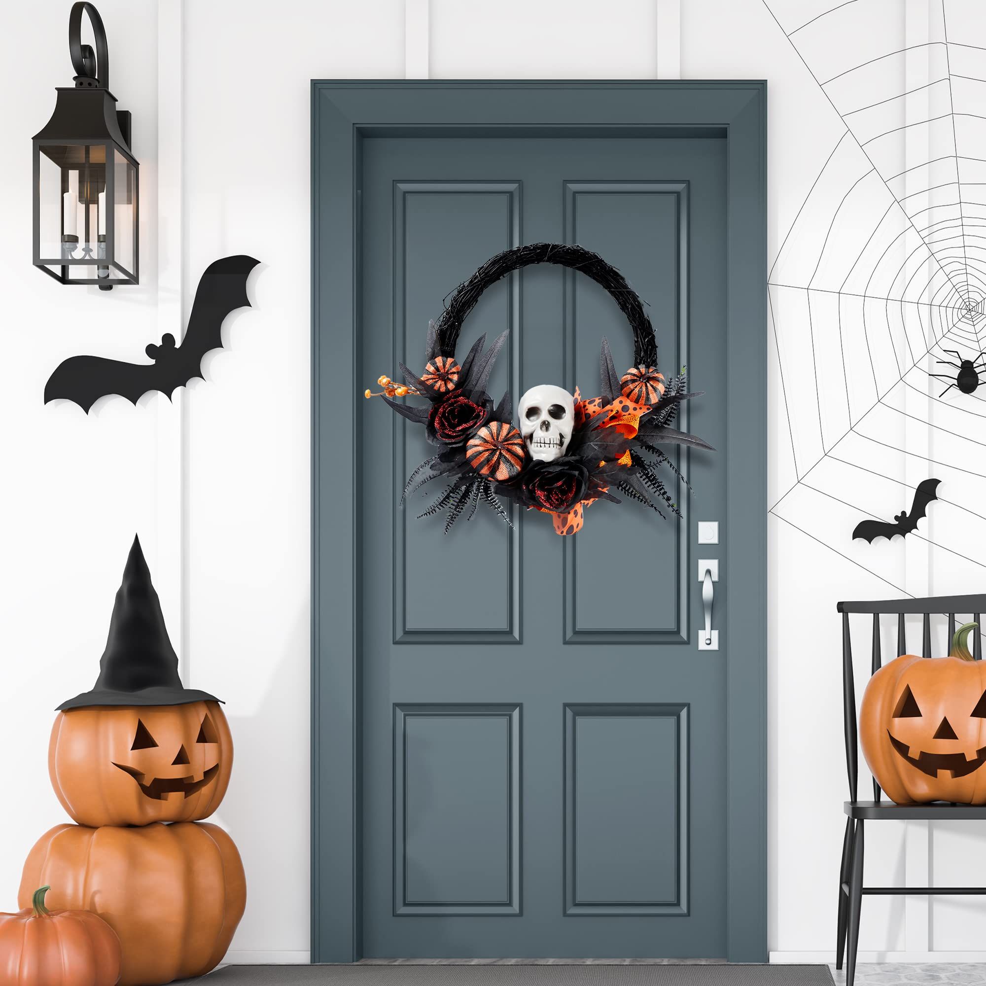 Halloween Wreath Artificial Skull Wreath Handmade Black Grapevine Wreath with view 5