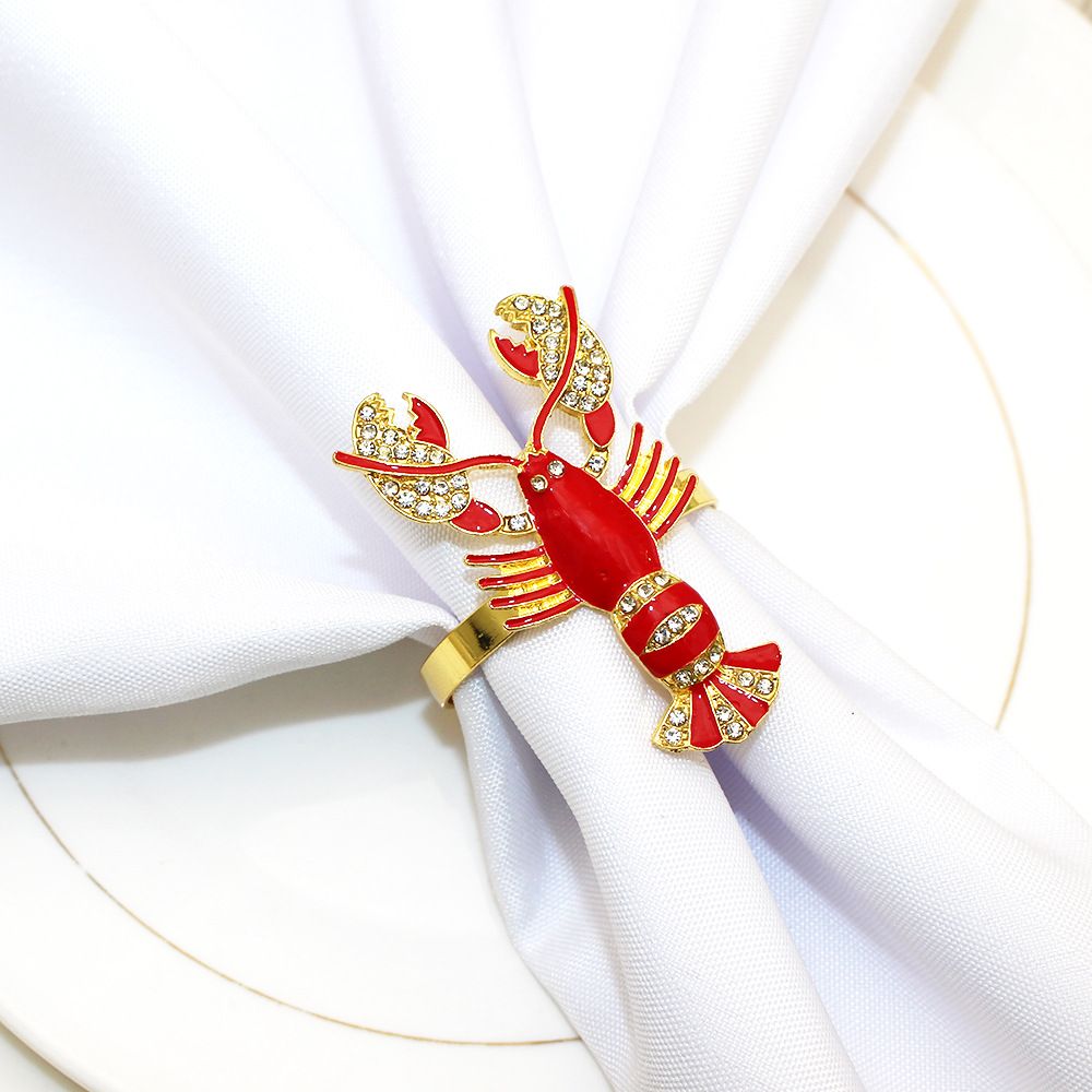 Styles Exquisite Bejeweled Red Lobster Cloisonné Brass Napkin Rings view 3