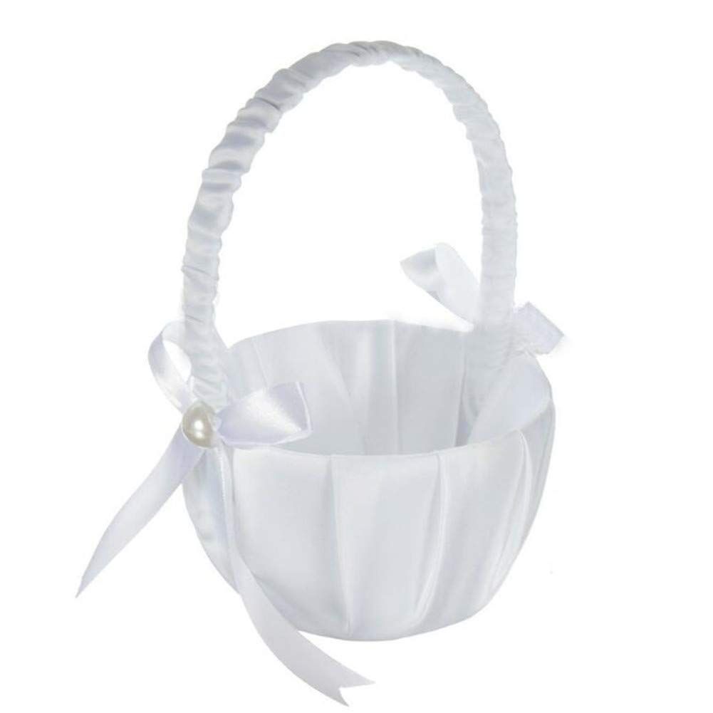 Romantic White Satin Beaded Wedding Flower Girl Basket Bowknot Decor Wedding