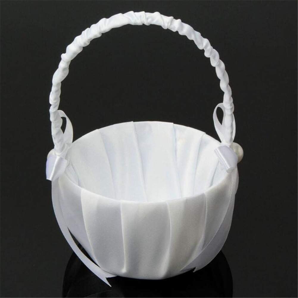 Romantic White Satin Beaded Wedding Flower Girl Basket Bowknot Decor Wedding view 4