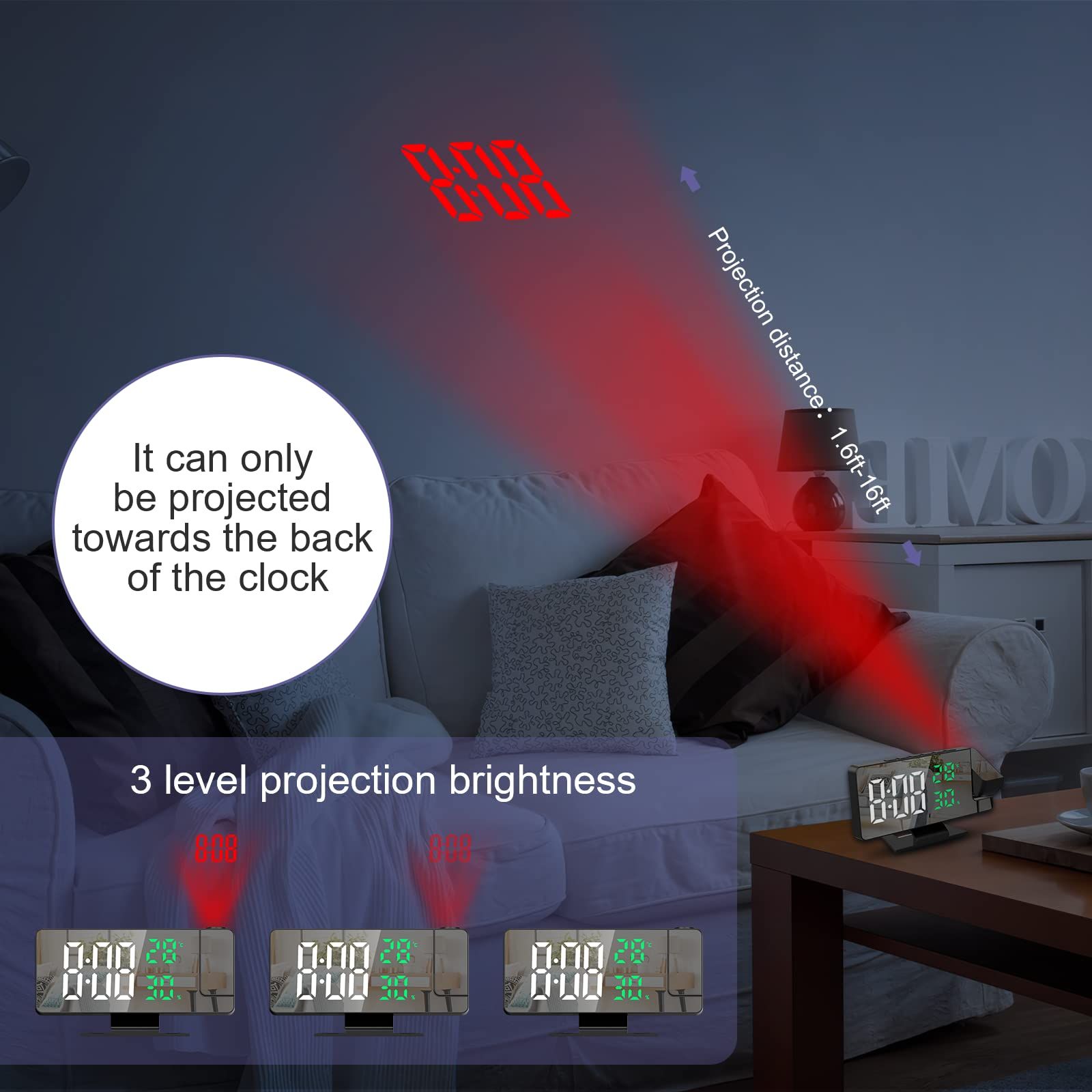 Projection Alarm Clock, Alarm Clock Projection on Ceiling Wall, 7.8" LED view 2