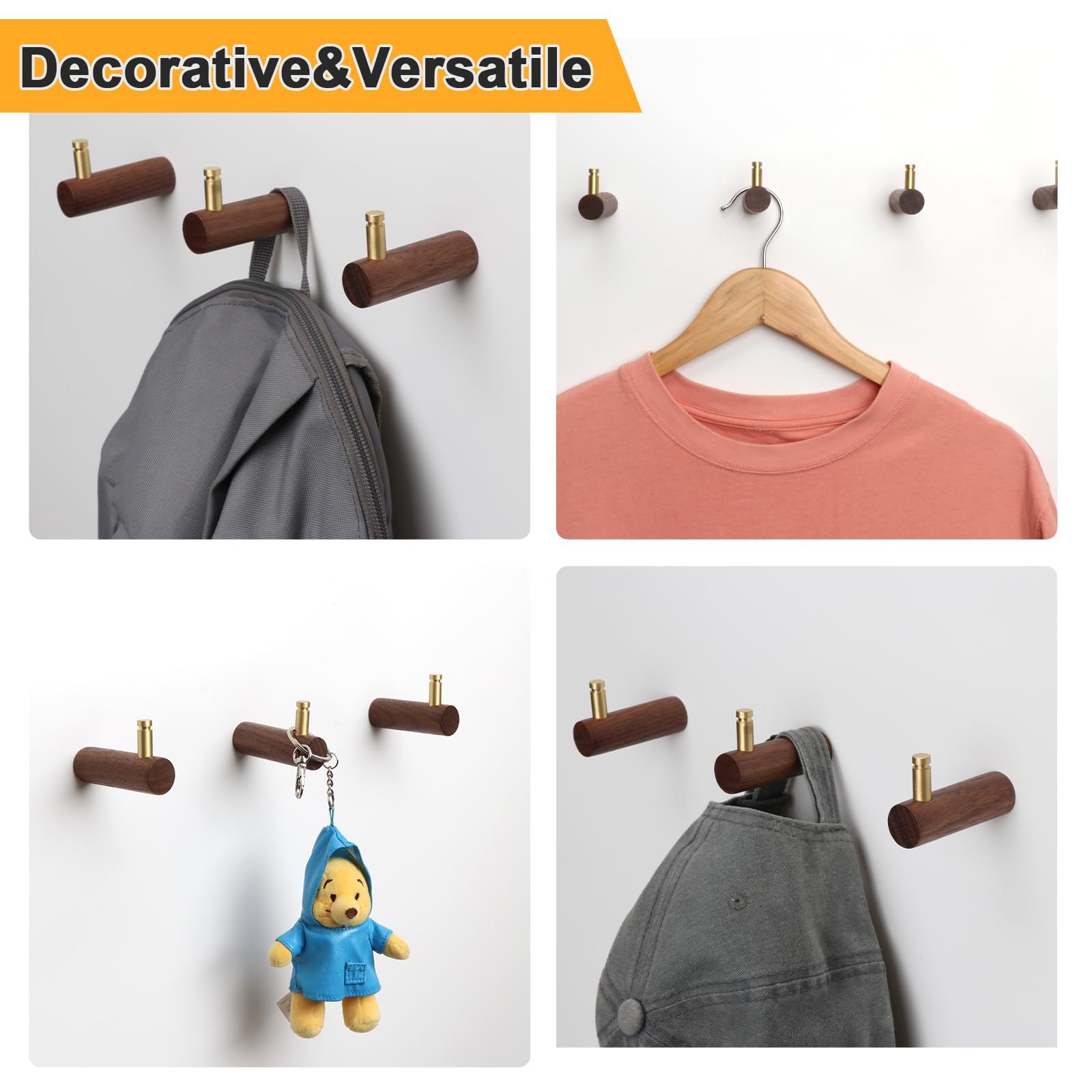 4 Pcs Wooden Wall Hooks Coat Hooks Hangers Wall Mounted Brass Decorative Wall view 3