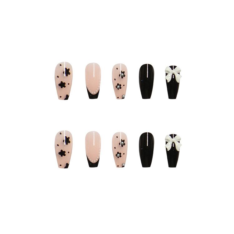 Cute Long Coffin Press on Nails Black Glossy Fake Nails Design Flower Bow