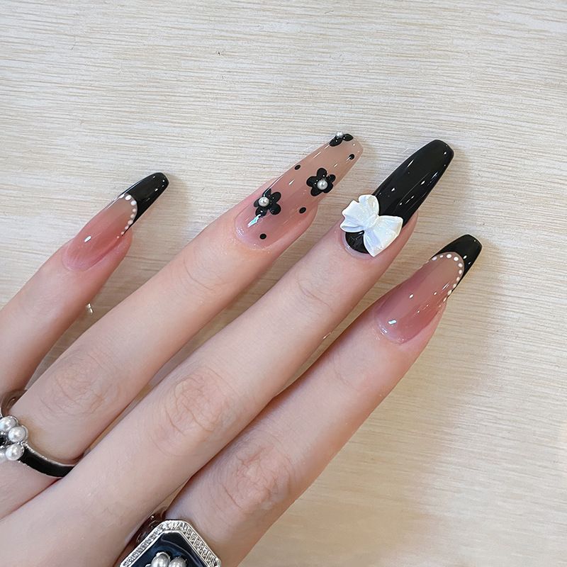 Cute Long Coffin Press on Nails Black Glossy Fake Nails Design Flower Bow view 2