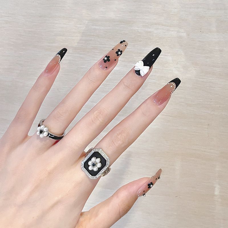 Cute Long Coffin Press on Nails Black Glossy Fake Nails Design Flower Bow view 5
