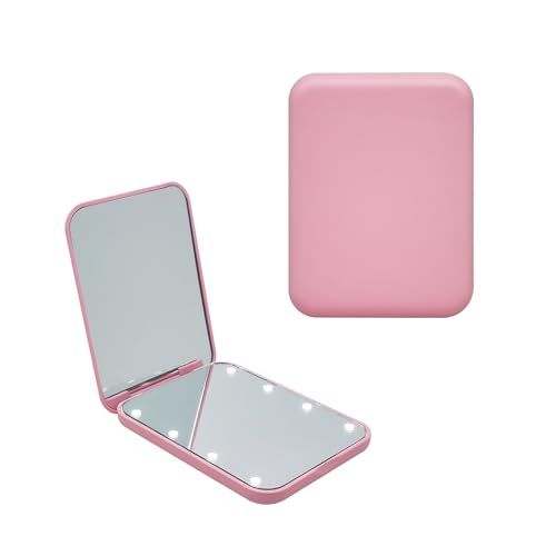 Compact Travel Makeup Mirror with Light- 1X2X Pink Pocket Small Hand Mini Mirror view 4