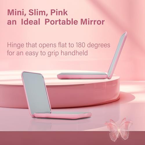 Compact Travel Makeup Mirror with Light- 1X2X Pink Pocket Small Hand Mini Mirror view 5