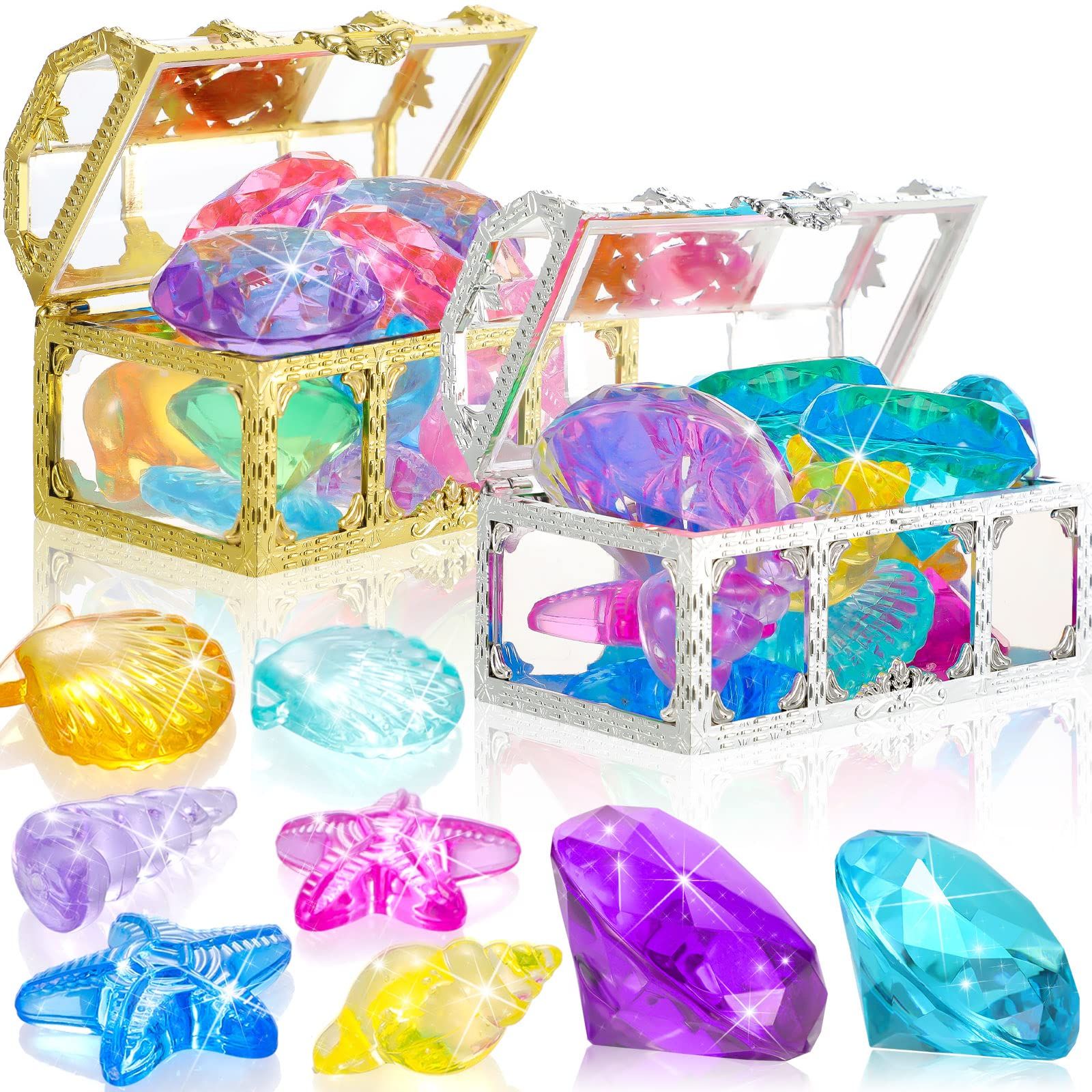 24 Pcs Diving Gems Toys Colorful Mermaid Pool Toys with 2 Treasure Pirate