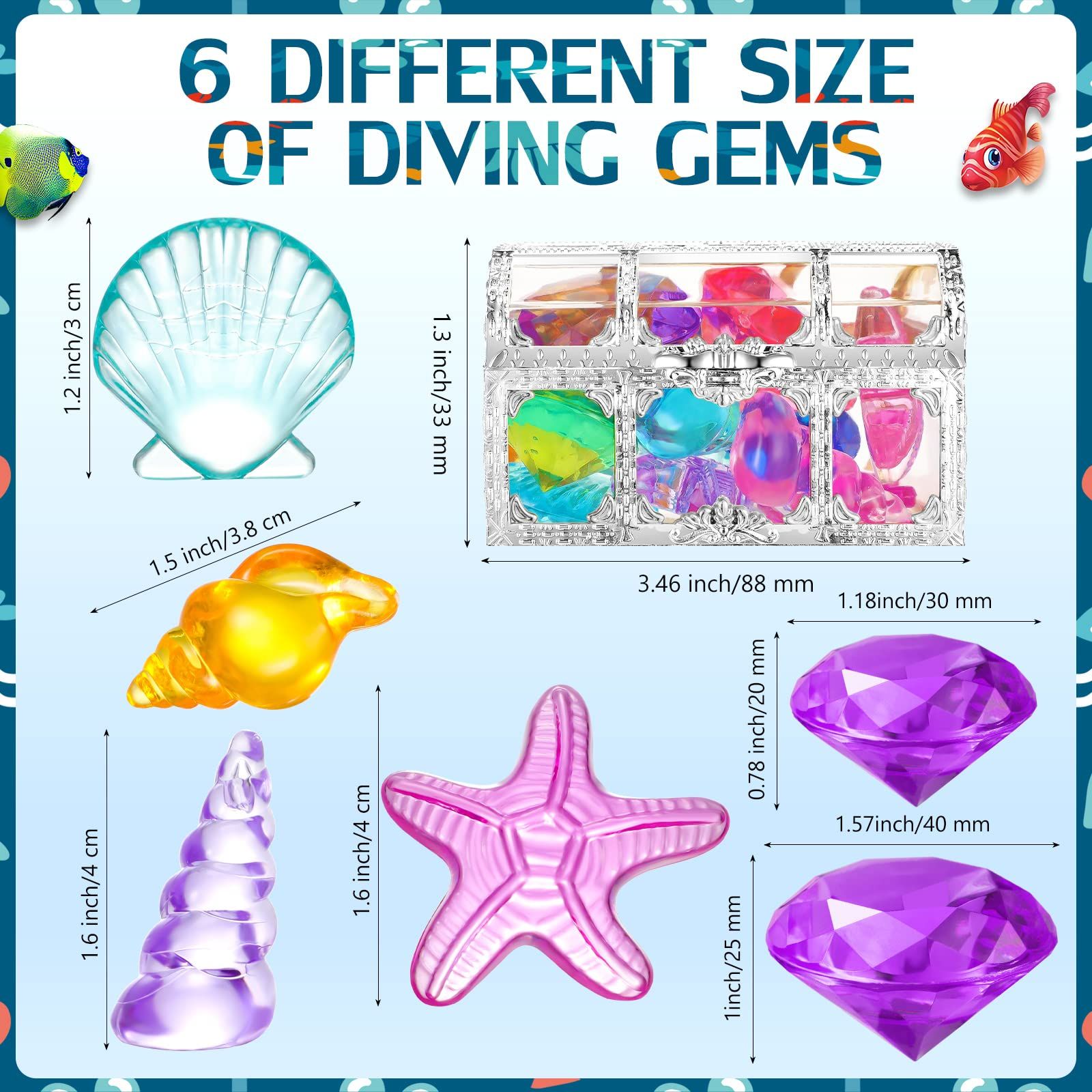 24 Pcs Diving Gems Toys Colorful Mermaid Pool Toys with 2 Treasure Pirate view 2