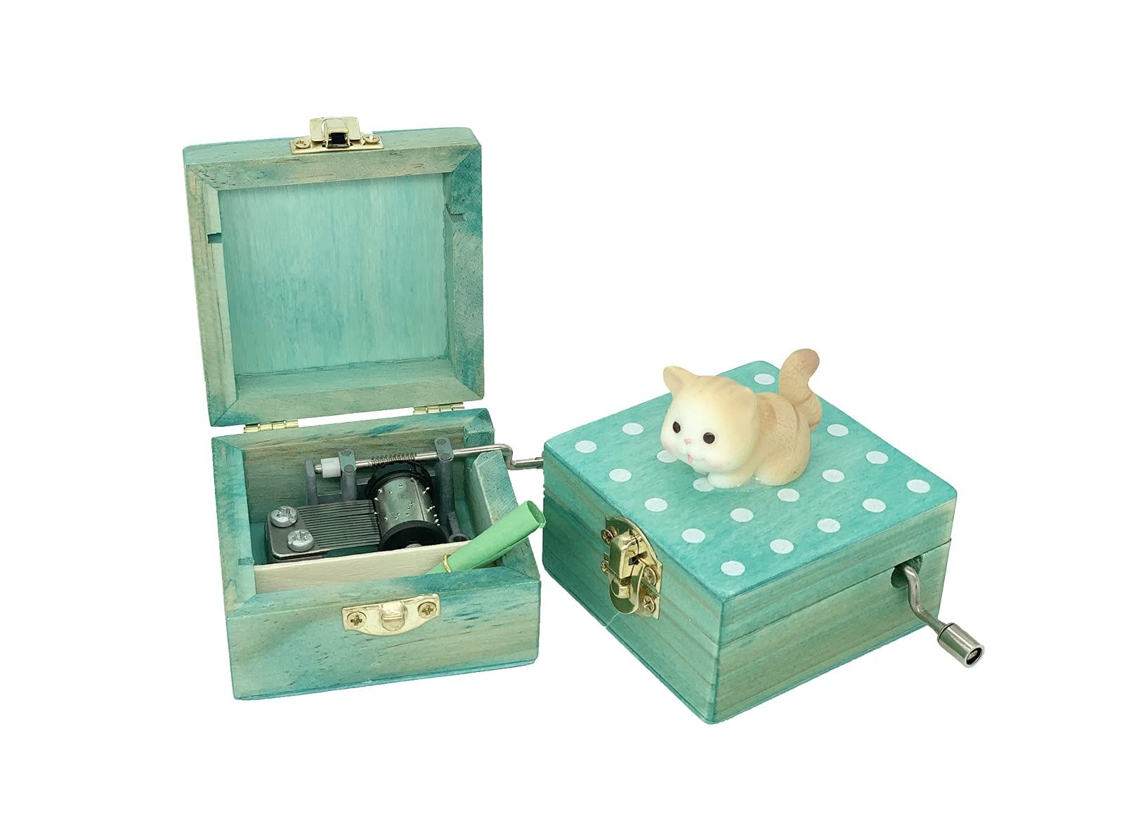 Gift Wrapped Mini Wooden Hand Crank Music Box with Lovely Cat (Tune: Castle in view 2